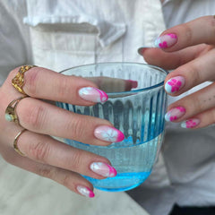 Pink og blå French tips m. blomster
