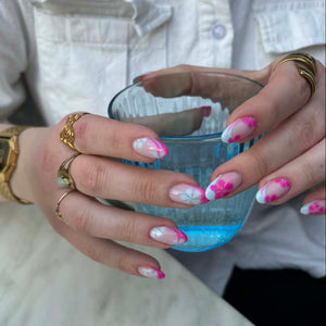 Pink og blå French tips m. blomster